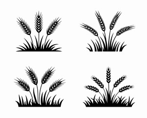 Four black wheat stalk silhouettes with grass isolated on white background