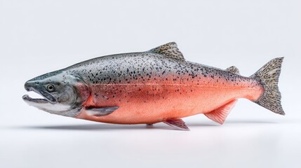 Naklejka premium A detailed close-up of a salmon, showcasing its vibrant pinkish-red hue, dark spots, and defined fins against a stark white backdrop. The fish is presented in profile view