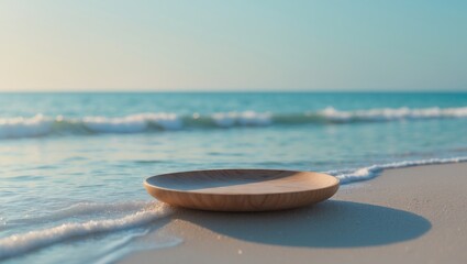 A wooden bowl on a sandy beach with gentle waves near the shore.