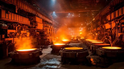 Massive steel factory with glowing molten metal pouring into molds, ambient orange light reflecting on surrounding walls, industrial gloom
