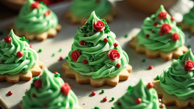 Christmas tree-shaped cookies with green icing and red decorations. Festive holiday treats. Holiday baking and decoration ideas. The concept of holiday cookies and Christmas celebrations.