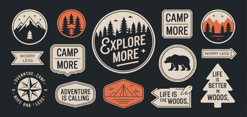 Fototapeta premium This vibrant collection of designs features mountains, trees, bears, and adventure-related phrases, perfect for those who appreciate nature and the great outdoors.