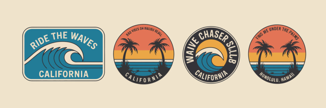 A nostalgic set of vintage-style beach logos emphasizing waves and California vibes, appealing to nature lovers and those who cherish the coastal lifestyle and adventure.