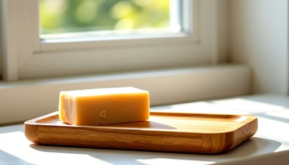 A bar of soap on a wooden dish, bathed in sunlight, is the epitome of simple elegance. The image showcases the beauty in everyday objects