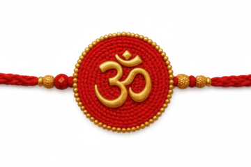 Red thread rakhi bracelet featuring golden om symbol, isolated on transparent background, celebrating raksha bandhan