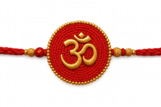 Red thread rakhi bracelet featuring golden om symbol, isolated on transparent background, celebrating raksha bandhan
