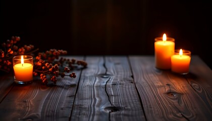 cozy candlelights illuminate a wooden surface creating a warm, relaxing atmosphere