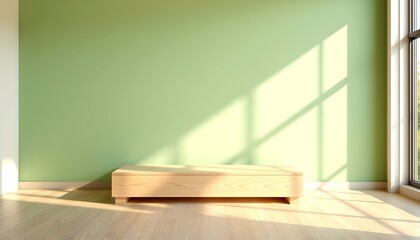 A wooden platform under light green wall and window