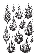 Hand-drawn flame illustrations in vintage engraving style, swirling fire shapes perfect for tattoo, posters, grunge, or hot design themes. © Chairul