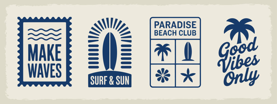This collection of nostalgic logos creatively combines graphics of surfing and beach culture, evoking feelings of summer joy and sunny adventures at the coast.