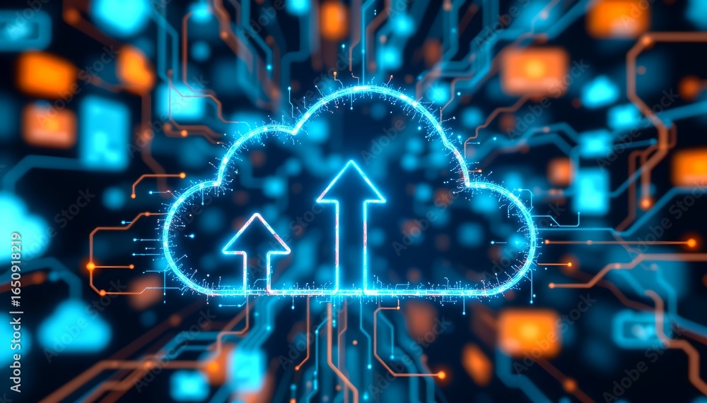 Poster cloud computing concept depicted with a digital cloud, circuit board design and upload arrows