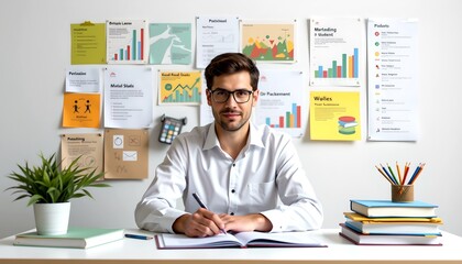 a professional at his desk, surrounded by charts and notes