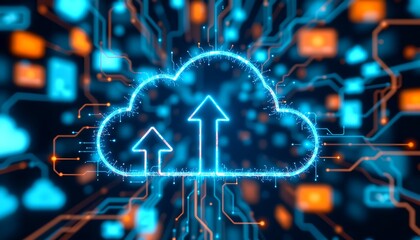 Cloud computing concept depicted with a digital cloud, circuit board design and upload arrows
