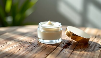 close-up shot of a jar of skin cream. The jar is placed on a wooden surface