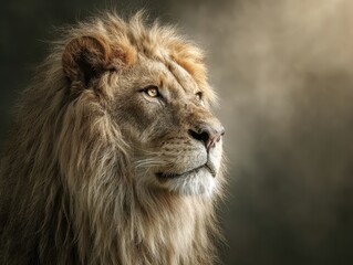 Fototapeta premium Majestic Lion with Golden Mane in Intense Stare, Against Ethereal Savannah Backdrop