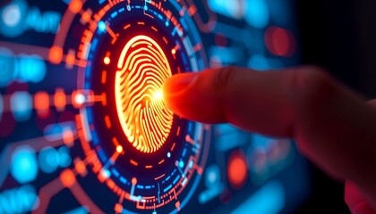 a hand touching digital fingerprint scan, signifying access, security, and identity verification