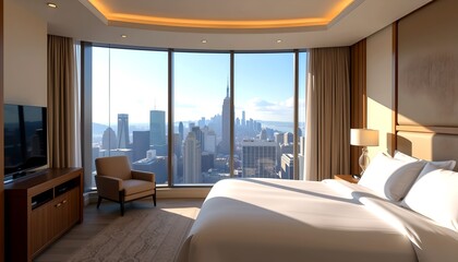 Luxurious bedroom interior with a stunning cityscape view