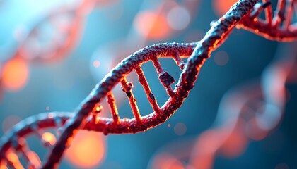 A close-up, detailed illustration of a DNA double helix. The model showcases the intricate structure of the molecule