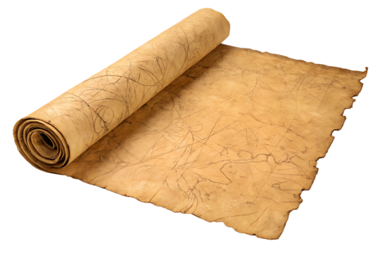 Rolled Parchment With Drawn Lines Providing Appearance Of Ancient Map Or Handwritten Document, PNG, isolated on transparent background.