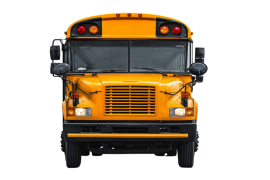 Modern school bus front view with headlights, white background