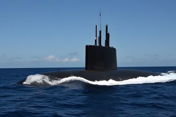 Fototapeta premium Powerful black submarine navigates ocean waves under clear blue sky showcasing advanced naval technology