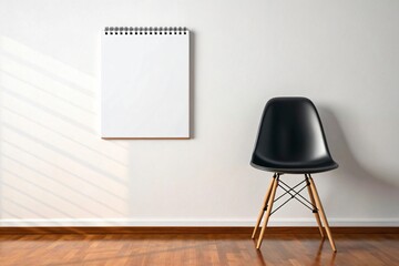 White spiral notebook and black chair against a white wall
