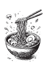 Hand-drawn ramen bowl with noodles, mushrooms, and chopsticks in vintage sketch style, perfect for food design, restaurant, and menu art.