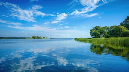 Obraz premium Serene Summer Lakeside: Where Mountains Mirror in Calm Blue Waters