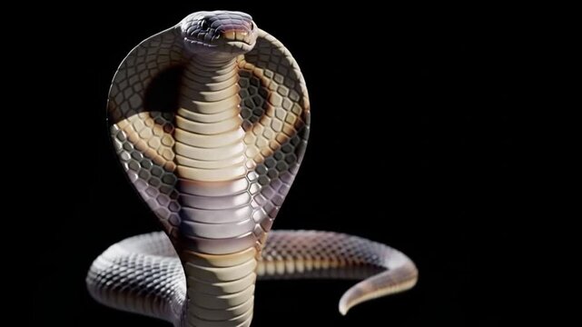 Close-up of a Majestic King Cobra with its Hood Fully Flared, Captured in Striking Detail Against a Dark Background, Showcasing its Power and Danger