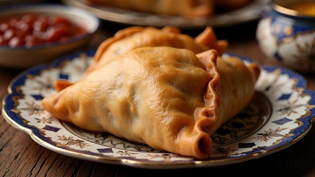 Golden samosa angled for delicious appeal, showcasing rich colors & elegant presentation on a ceramic plate for food lovers and cultural events