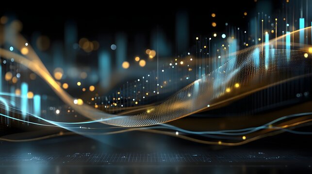 Abstract layered finance network background with glowing nodes, bar and pie charts, cyan and gold gradients, soft transparency, ideal for business marketing templates.