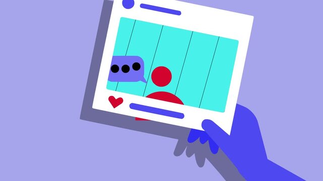 Animation of people chatting inside social media frames, depicting social media interaction