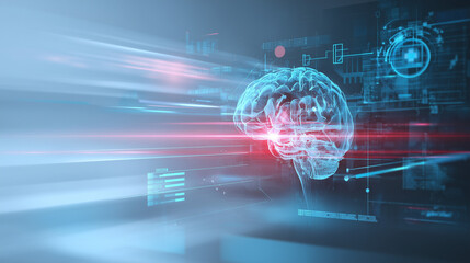 A high-tech illustration showcasing artificial intelligence in medical technology, healthcare, medicine, pharmacy, featuring a futuristic doctor consulting a digital brain interface.