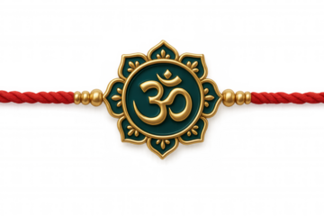 Woven rakhi bracelet displaying om symbol, symbolizing sibling bond and protection against white transparent backdrop