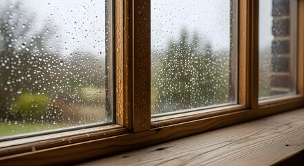 Fototapeta premium Raindrops on a Wooden Window Pane in Overcast Weather