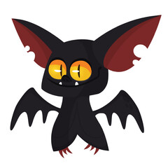 Cartoon black funny flying bat. Halloween vector bat vampire illustration