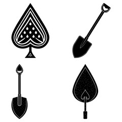 Illustration featuring a spade card suit and three different shovel designs in black and white style