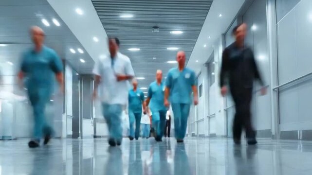 Swift Steps in the Hospital: Medical professionals in action, traversing the corridors with purpose. Motion blur adds dynamism to the fast-paced environment of the medical world.