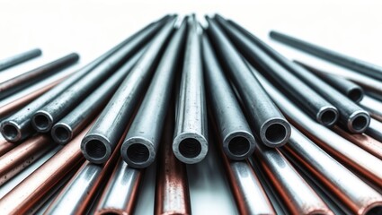 A collection of metal pipes arranged parallel, showing the open ends and surface details.
