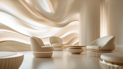 A modern interior space with flowing, organic shapes and neutral tones, featuring stylish chairs and minimalist decor.
