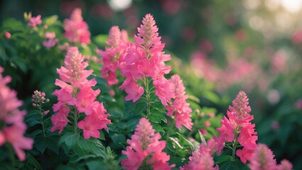 Pink flowers with lush green leaves, vibrant garden scene, blooming plants, floral background, natural beauty, soft sunlight illuminating the petals.