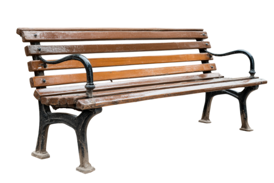 Wooden park bench with metal armrest isolated on transparent background