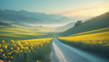 A rural dirt road stretching through vibrant yellow fields in a valley with misty mountains in the background at sunrise or sunset.