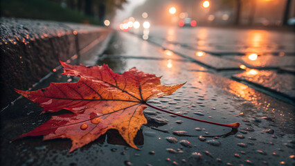 Autumnal Leaf on Wet Pavement: A close-up shot of a vibrant red and yellow leaf, glistening with raindrops, rests on a wet pavement. City lights create a soft, atmospheric glow in the background.