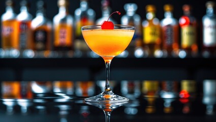 A cocktail with a cherry on top in front of a bar with various alcohol bottles in the background. Beverage and bar concept. Alcoholic drink and mixology.
