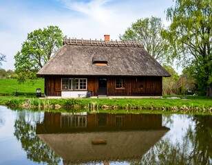 Obraz premium Idyllic countryside retreat: A charming cottage with traditional thatched roof mirrored in