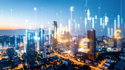 Cityscape Financial Data Visualization at Night - Powered by Adobe