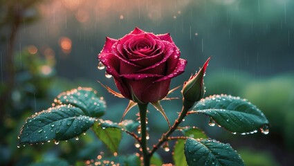 A close-up of a pink rose with water droplets on the petals and leaves in the rain.