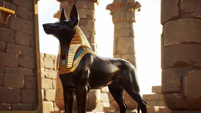 Black Anubis Statue With Ornate Golden Collar Guarding an Egyptian Temple With Stone Columns on Sunny Day