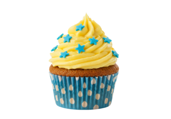 Yellow buttercream cupcake with blue star sprinkles on transparent background